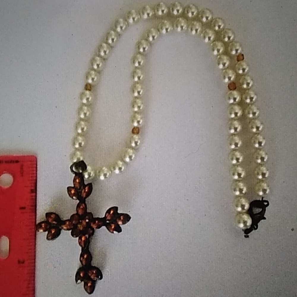 Costume Necklace Glass Flaux Pearls Citrine Cross
